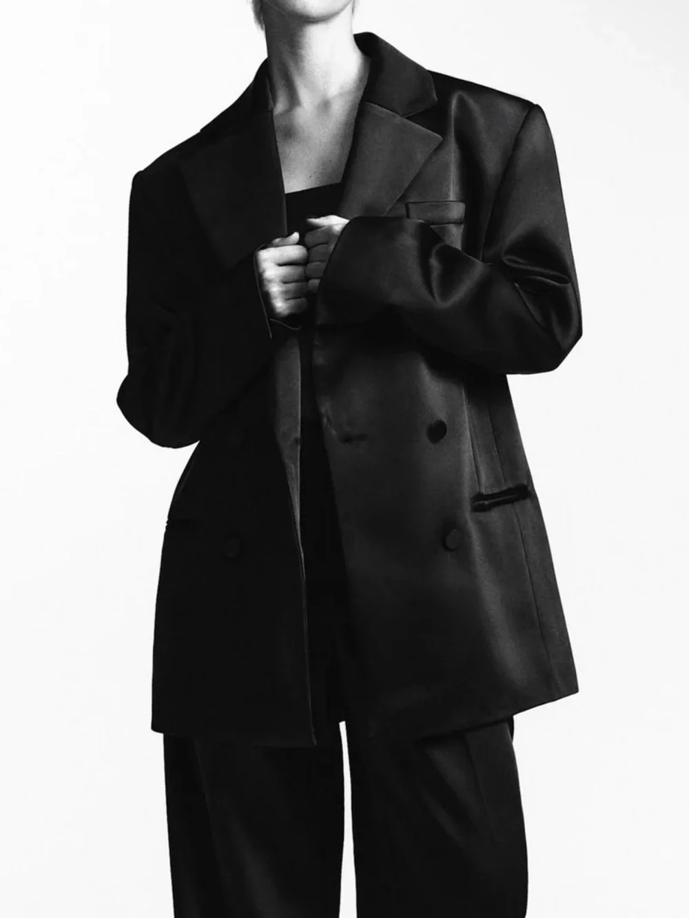 Zara Oversized Black Satin Structured Double Breasted Long Blazer Jacket NEW